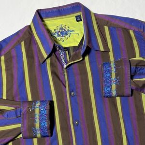 Robert Graham‎ Flip Cuff Shirt Purple Striped Cotton Silk  Mens Size XL